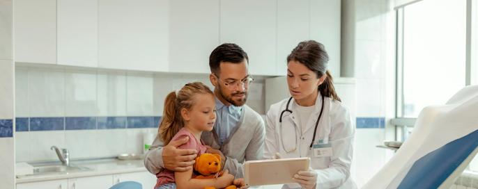 Tablet, Healthcare and Doctor With a Father and Child