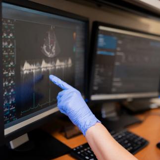 Doctor analyzing echocardiogram results on computer monitor