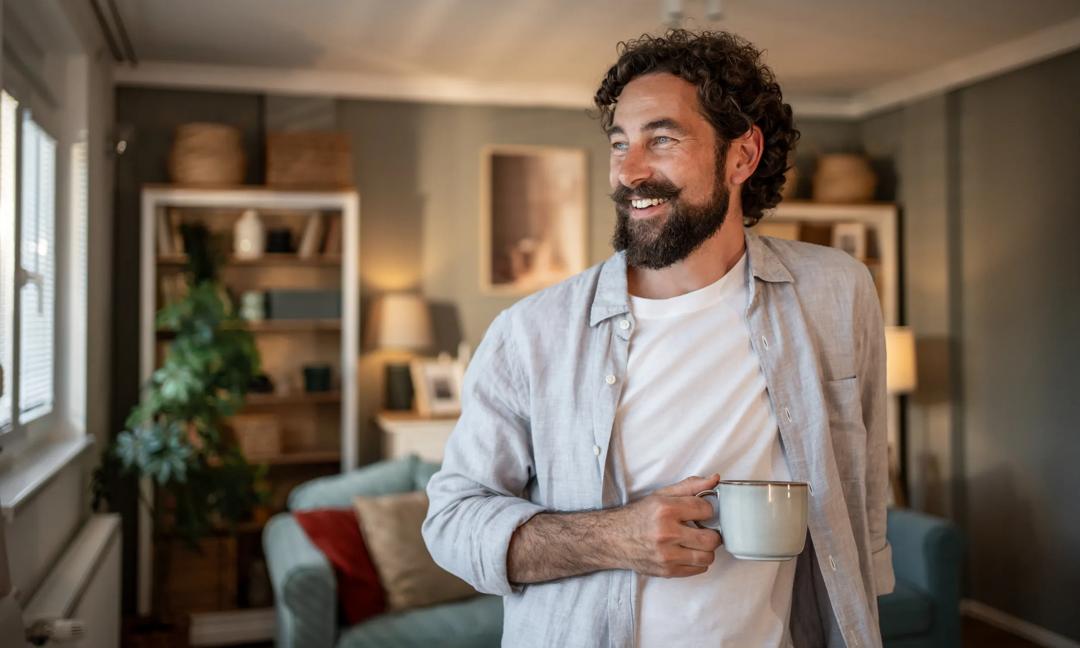 Smiling bearded man drinking coffee and enjoying domestic life
