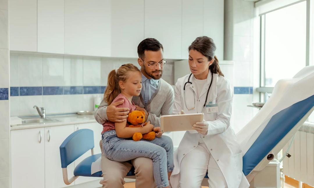 Tablet, Healthcare and Doctor With a Father and Child